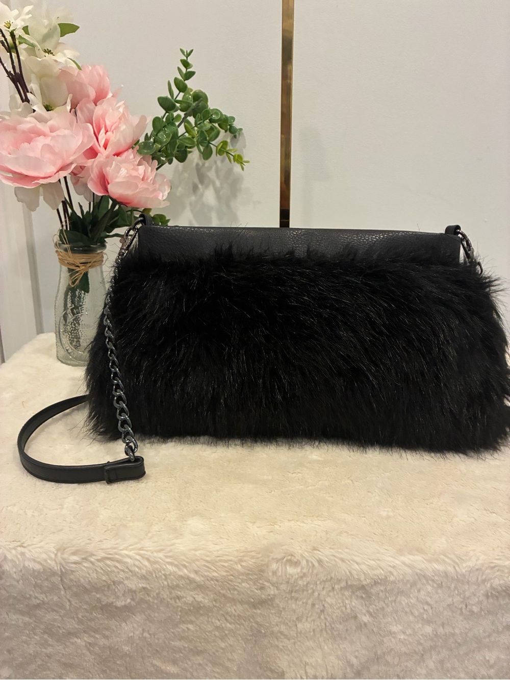 Carlos by Carlos Santana Black Faux Fur Crossbody with Chain Strap